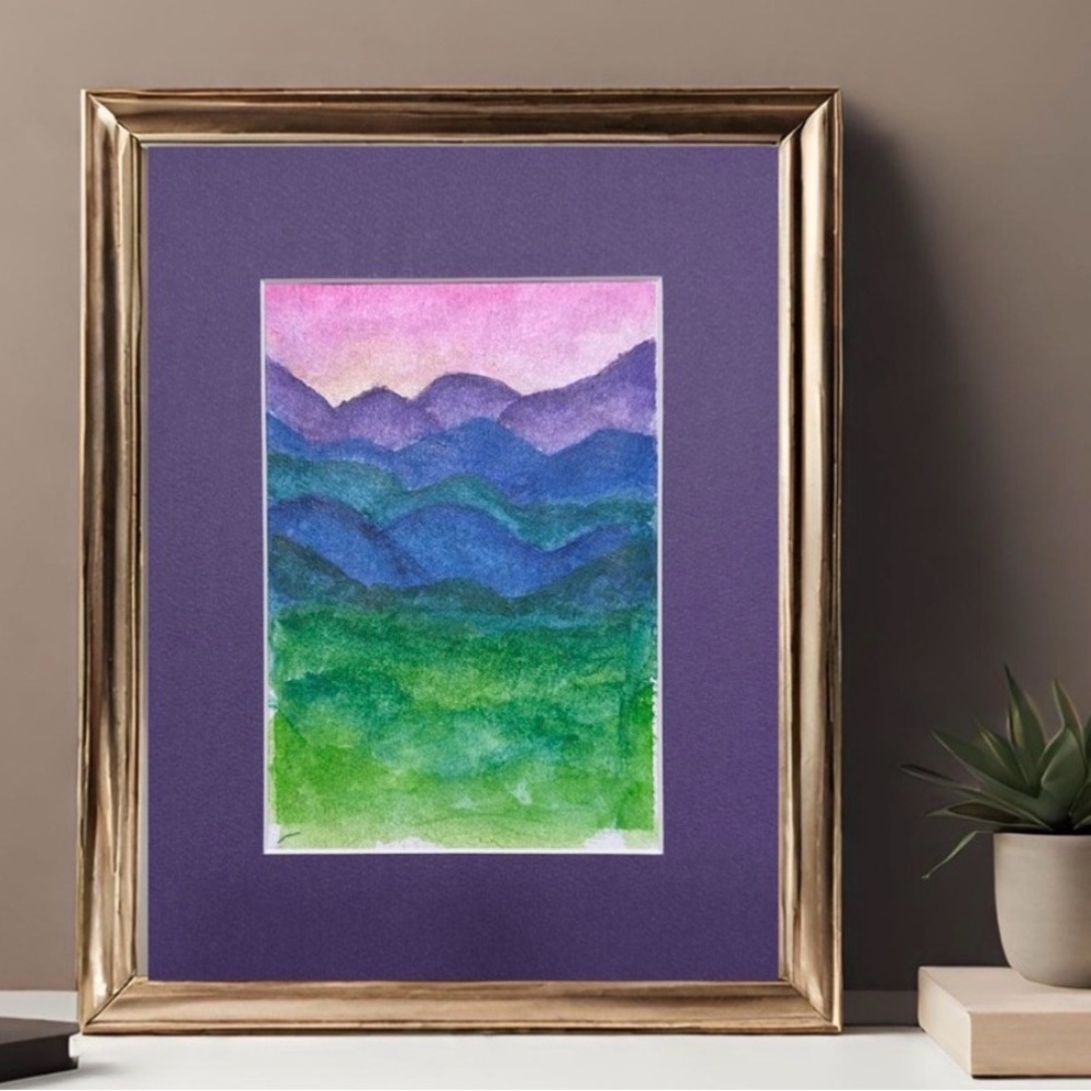HAND PAINTED Watercolor Art “Idyllic Mountains” 8x10” Purple Mat Handcrafted
